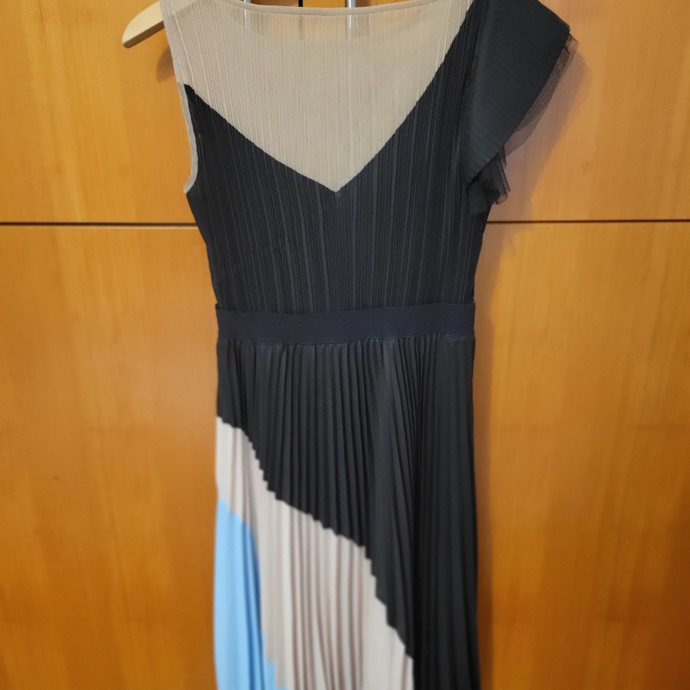 BCBG One Shoulder Flutter Sleeve Pleated Dress